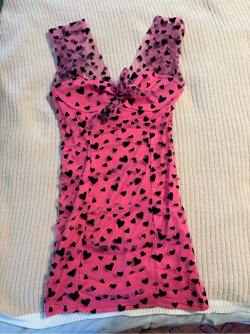 Vintage Pink Mesh Mini Dress with Black Heart Print